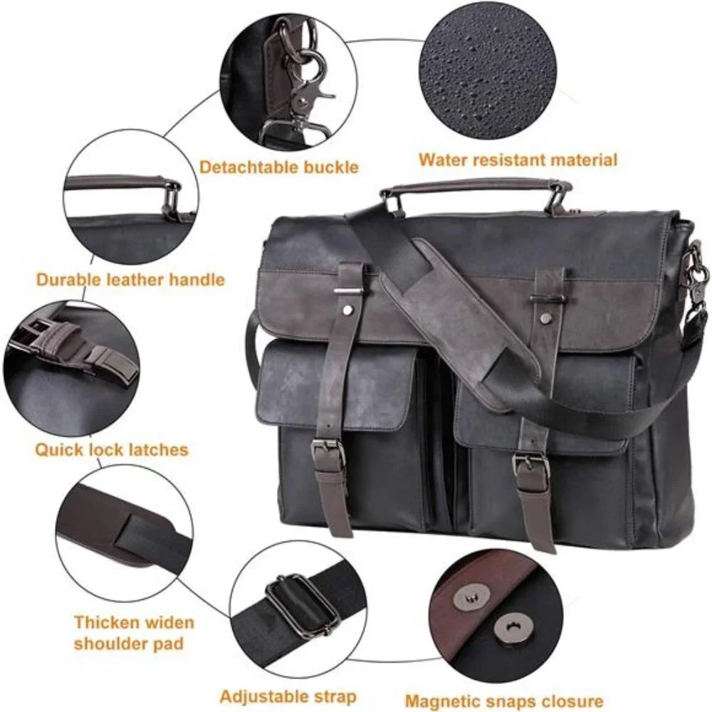Leather Messenger Bag for Men, 15.6 Inch Vintage Laptop Bag Briefcase Satchel